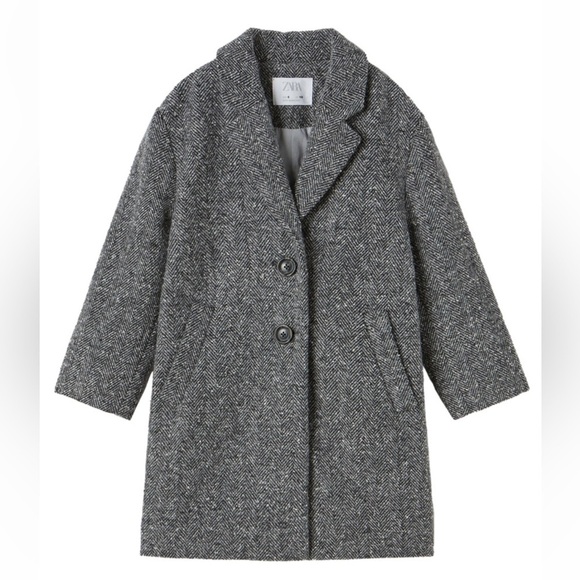 Zara Gray Herringbone Wool Blend Girls Long Coat with pockets size 13-14 164cm